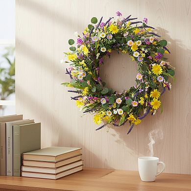 Spring Wreath 22 Inch with Daisy Lavender Wildflowers for Front Door