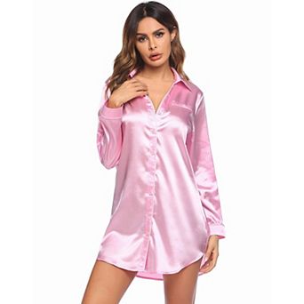 Ekouaer Satin Nightgowns for Women Button Down Sleep Shirt Silk Night Shirt Long Sleeve Boyfriend