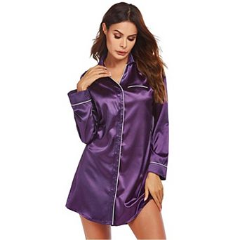 Ekouaer Satin Nightgowns for Women Button Down Sleep Shirt Silk Night Shirt Long Sleeve Boyfriend