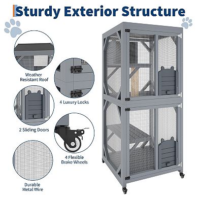 ANIXOL Outdoor Multi-Tier Wood Galvanized Wire Catio Cat Enclosure with Roof