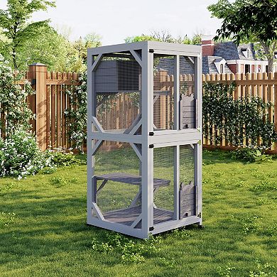 ANIXOL Outdoor Multi-Tier Wood Galvanized Wire Catio Cat Enclosure with Roof