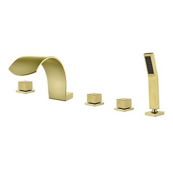 3-Handle Tub Deck Mount Roman Tub Faucet with Hand Shower, Stainless Steel High Arc Roman Tub Facuet