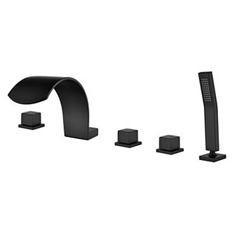 3-Handle Tub Deck Mount Roman Tub Faucet with Hand Shower, Stainless Steel High Arc Roman Tub Facuet