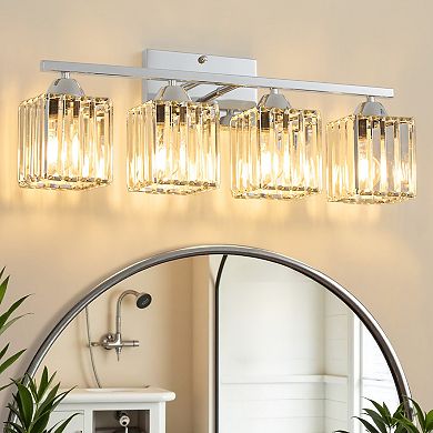 POWLIG 23" Modern Vanity Light - 4-Light Dimmable Bathroom Light with Square Crystal Shades