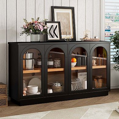 4 Glass Door Large Storage Buffet Cabinet with Adjustable Shelves