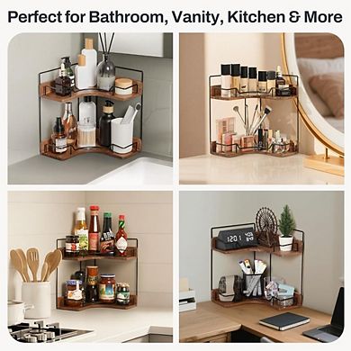 Great Ambitions Wooden Corner Shelf: 2-Tier Counter Organizer, Vanity Storage