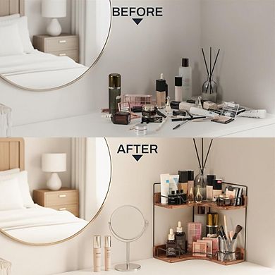 Great Ambitions Wooden Corner Shelf: 2-Tier Counter Organizer, Vanity Storage
