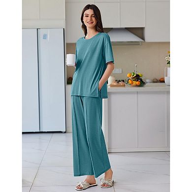 Ekouaer Lounge Sets for Women 2 Piece Short Sleeve Pullover Tops and Long Pants Soft Pajamas Set