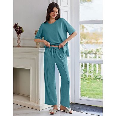 Ekouaer Lounge Sets for Women 2 Piece Short Sleeve Pullover Tops and Long Pants Soft Pajamas Set