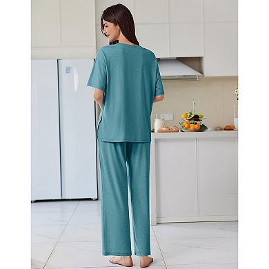 Ekouaer Lounge Sets for Women 2 Piece Short Sleeve Pullover Tops and Long Pants Soft Pajamas Set