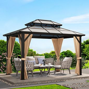 10' x 12' Hardtop Gazebo, Aluminum Frame Gazebos with Double Roof, Metal Pavilion with Curtain