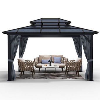 10' x 12' Hardtop Gazebo, Aluminum Frame Gazebos with Double Roof, Metal Pavilion with Curtain