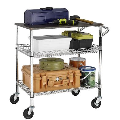 3-Tier Utility Cart with Wood Top, Adjustable Shelves, Anti-Rust, Easy Assembly