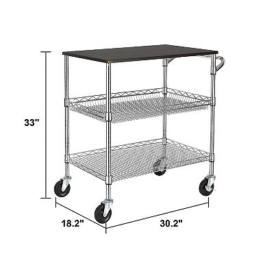 3-Tier Utility Cart with Wood Top, Adjustable Shelves, Anti-Rust, Easy Assembly