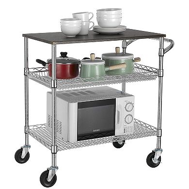 3-Tier Utility Cart with Wood Top, Adjustable Shelves, Anti-Rust, Easy Assembly