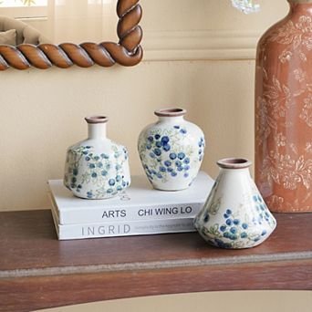 3-set White Ceramic Mini Vases With Blue Berry Motif