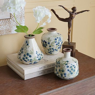 3-set White Ceramic Mini Vases With Blue Berry Motif