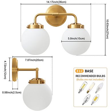 POWLIG 14.17" Vanity Light Fixture, 2-Light Bathroom Mirror Lighting with Milk White Glass Shades