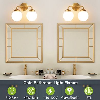 POWLIG 14.17" Vanity Light Fixture, 2-Light Bathroom Mirror Lighting with Milk White Glass Shades