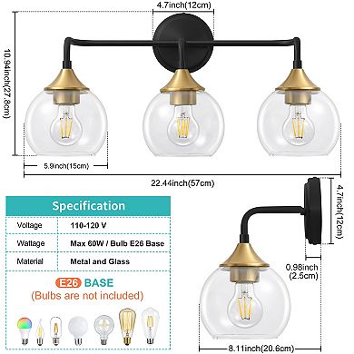 POWLIG 22.44" Vanity Light, 3-Light Dimmable Bathroom Fixture with Clear Glass Shades