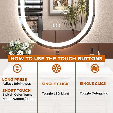 20"W x 32"H Round Frontlit Glass Bathroom Vanity Mirror Dimmable LED Fog-Free Horizontal or Vertical