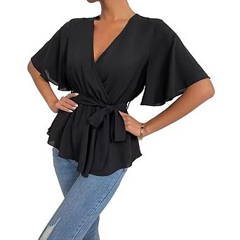 Women's Ruffle Short Sleeve V Neck Belted Tops Peplum Solid Color Casual Blouse