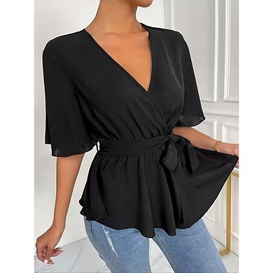 Women's Ruffle Short Sleeve V Neck Belted Tops Peplum Solid Color Casual Blouse