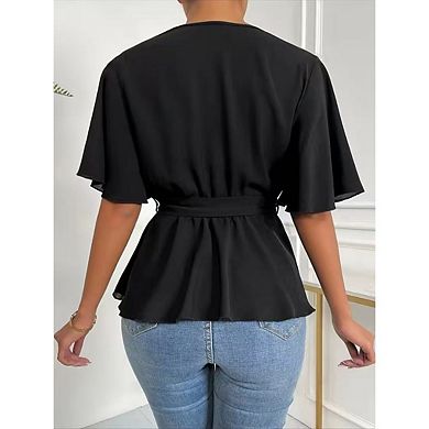 Women's Ruffle Short Sleeve V Neck Belted Tops Peplum Solid Color Casual Blouse