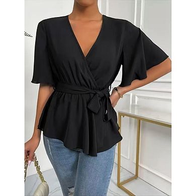 Women's Ruffle Short Sleeve V Neck Belted Tops Peplum Solid Color Casual Blouse