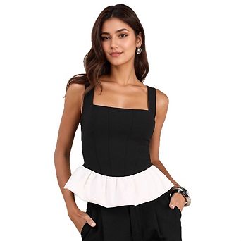 Women's Ruffle Peplum Block Color Sleeveless Square Neck Babydoll Casual Outfits Tank Tops