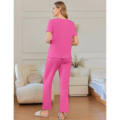 Ekouaer Pajama Sets for Women 2 Piece Short Sleeve Loungewear Button Down Pj Set Soft Sleepwear