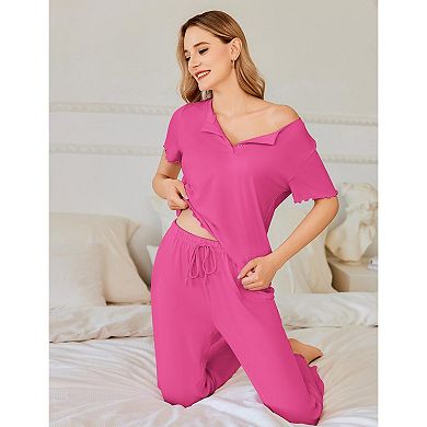 Ekouaer Pajama Sets for Women 2 Piece Short Sleeve Loungewear Button Down Pj Set Soft Sleepwear