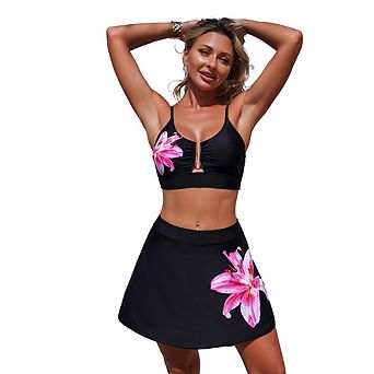 Women High Waist Bathing Suit Tummy Control Swim Skirt Adjustable Straps Swimwear U-Wire Bikini Set