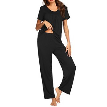 Ekouaer Pajama Set for Women 2 pc Sleepwear Short Sleeve Pleated Top and Long Pants Soft