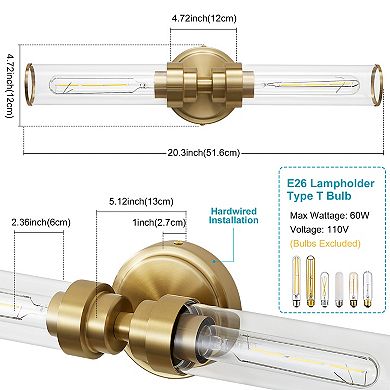 POWLIG 20.3" Modern Wall Sconce - 2-Light Dimmable Fixture with Transparent Glass Shade