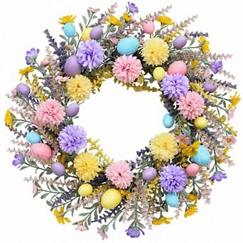 Artificial Easter Wreath 20Inch Colorful Eggs Green Leaves Front Door Porch Window Farmhouse
