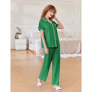Ekouaer Women's Pajamas Button Down Notch Collar Soft Short Sleeve Pjs with Long Pant Lounge Set