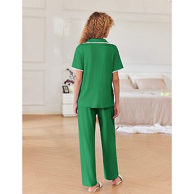 Ekouaer Women's Pajamas Button Down Notch Collar Soft Short Sleeve Pjs with Long Pant Lounge Set