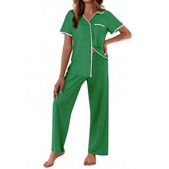 Ekouaer Women's Pajamas Button Down Notch Collar Soft Short Sleeve Pjs with Long Pant Lounge Set