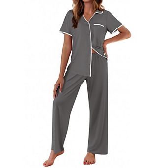 Ekouaer Women's Pajamas Button Down Notch Collar Soft Short Sleeve Pjs with Long Pant Lounge Set