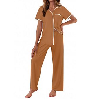 Ekouaer Women's Pajamas Button Down Notch Collar Soft Short Sleeve Pjs with Long Pant Lounge Set
