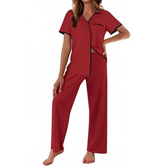 Ekouaer Women's Pajamas Button Down Notch Collar Soft Short Sleeve Pjs with Long Pant Lounge Set