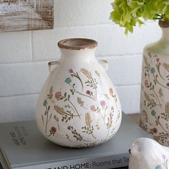 6.7x6.7x7.7" Round Ceramic Accent Vase with Multi-Colored Floral Motifs