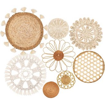 Boho Wall Basket Decor Set of 8 Flat Woven Round Tassels