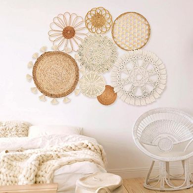 Boho Wall Basket Decor Set of 8 Flat Woven Round Tassels