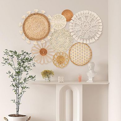 Boho Wall Basket Decor Set of 8 Flat Woven Round Tassels