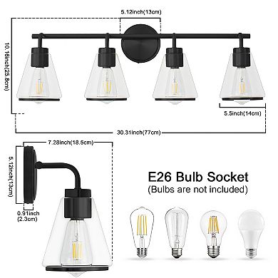 POWLIG 30.3" Modern Vanity Light, 4-Light Dimmable Bathroom Fixture with Clear Cone Glass Shades