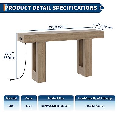 63" Extra Long Console Table, Narrow Sofa Table for Behind Couch & Entryway