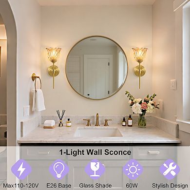 POWLIG Floral Glass Wall Sconce, Shade & Antique Gold Finish, 6.5" Modern Wall Light