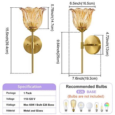 POWLIG Floral Glass Wall Sconce, Shade & Antique Gold Finish, 6.5" Modern Wall Light